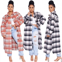 Casual fashion classic plaid single-breasted long woolen coat jacket A8847