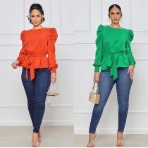 Puff sleeve long-sleeved chiffon shirt, pure color waist top with belt, spring new style WDS220142
