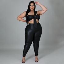 New fat mm plus size women's trousers high elastic leather tight-fitting hip sexy two-piece suit N7338