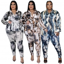 Explosive shiny shirt long-sleeved fashion digital printed pants suit two-piece N7395
