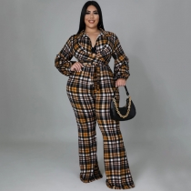 New plus size women's loose check print shirt collar long-sleeved sexy jumpsuit N7408