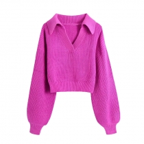 New lapel balloon sleeve short sweater knit sweater women T659682557945