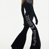 Autumn Women's New Fashion Hot Rhinestone Letters High Waist Loose Micro-Lash Velvet Wide Leg Casual Pants K21P08666