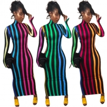 Striped high-neck tight-fitting long dress women's new hot-selling spring dress E617