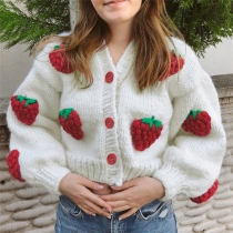 Women's Fashion Design Single-breasted V-neck Knit Cardigan Strawberry Long Sleeve Sweater W21C03357