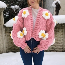 New women's fashion round neck lantern sleeve knitted cardigan short sweater women W21C03360