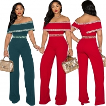 New women's clothing printed line one-word shoulder wrap chest invisible zipper jumpsuit z9151