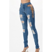 Women's new style stretch jeans with side straps and exposed waist CJ1097