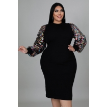 Women's clothing new sexy solid color sequined puff sleeve fat lady dress fat lady dress QJ5297