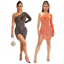 New sexy nightclub women's one-shoulder perspective fashion hot diamond dress CY9597