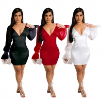 Explosive sexy women's solid color thin-sleeved sexy mid-length dress HN074