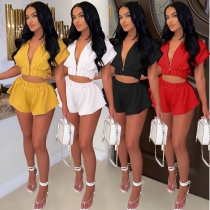 New Women's Summer Solid Color Zipper Hooded Two Piece Set HM6605