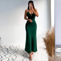 Solid Color Casual Backless Tie Halter Slim Long Dress X21DS766