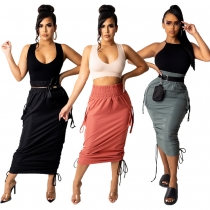 Solid Color High Waist Ladies Long Skirt Pull-Up Pleated Skirt HN075
