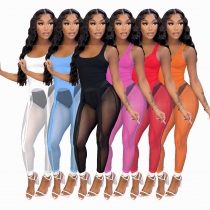 Women's summer vest mesh pants two-piece sexy perspective solid color sports suit W8280