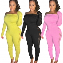 Sexy women's spring and summer jumpsuits One word neck ripped jumpsuit L6322