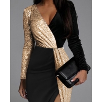 Two-color black and gold ethnic style high-waisted solid-color temperament commuter mid-length skirt long-sleeved waist dress SH165