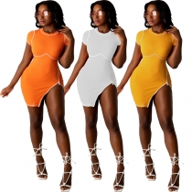 Women's Fashion Solid Color Rib Short Sleeve Round Neck Sexy Diagonal Zipper Split Casual Dress A5059