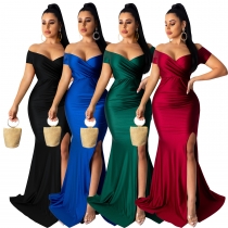 Women's sexy dress nightclub v-neck dress solid color large slit long skirt spring and summer short sleeves AL243