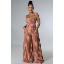 Sexy Striped Backless Sling Wide-Leg Jumpsuit W9336