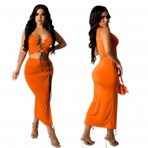 Sexy Sleeveless Solid Color Tie Slit Skirt Two Piece Set p8677