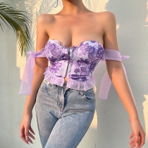 Sexy Floral Tight Bow Knot Off Shoulder Sling Top Fashion Design Open Back Showing Chest Tank Top CC22015