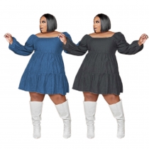 Plus Size Solid Color Denim Fabric Soft Women's Plus Size One-Line Neck Dress GT9978