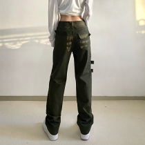 Street Style Dark Green High Waist Adjustable Buckle Tooling Jeans Straight Casual Trousers HP20647