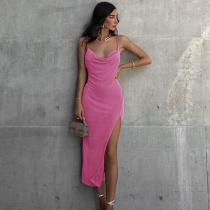 Solid Color Sling Sleeveless Low Cut High Waist Pleated Long Dress Q21DS439