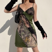 Green leaf print lace stitching suspender skirt light and sexy V-neck open back perspective skirt HD22327