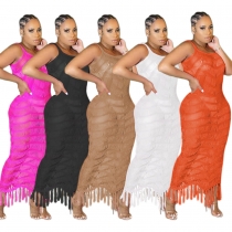 Women's Solid Color Sleeveless Jacquard Knit Fringe Beach Dress TS1199