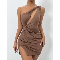 Summer slit sleeveless women's bag hip skirt sexy hollow diagonal neck dress ZY22061