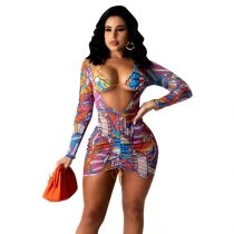 Printed Long Sleeve Ruched Tie Mesh Sheer Two-Piece Set X21ST408