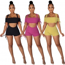 Solid color pit stripe sexy off-the-shoulder-smock-sling pants two-piece set BY09692