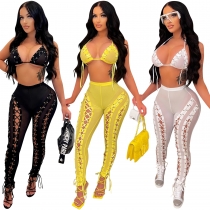 Fashion women's sexy solid color mesh see-through hollow sleeveless vest trousers two-piece set C5711