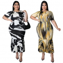 Round Neck Short Sleeve Ruffle Dress Print Plus Size Dress N7459