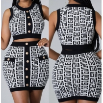 Fashion women's round neck sleeveless waistless skirt suit geometric pattern wool two-piece set WDS220409