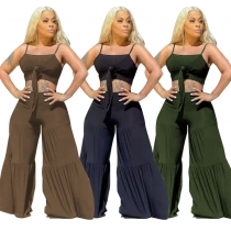 Women's Large Size Sexy Sling Strap Leaky Shoulder Loose Pants Solid Color Two-piece Set XNS6866