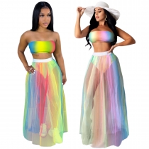 Nightclub Clothes Printed Breast Wrapped Colorful Mesh Skirt Two-piece Suit GL6572
