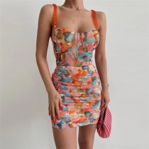Women's Sling Backless Fashion Print Temperament Slim Fit Hip Dress K22D13467