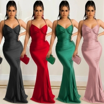 Solid color sexy suspender wrap chest open back strap tight dress X5617