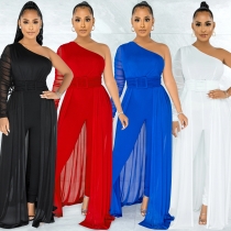 Solid color sexy mesh see-through one-shoulder slanted collar long-sleeved trousers jumpsuit women X5675