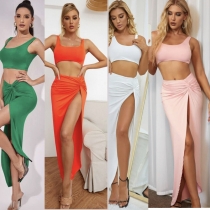 Sling tube top mid-length solid color high slit two-piece women's suit N2031