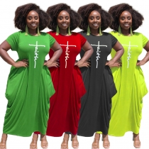 Plus Size Women Fashion Solid Color Offset Lettering Pocket Short Sleeve Dress A5255