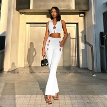 Solid Color Hollow Sleeveless Tank Top Pants Two-piece Fashion Suit S238109W