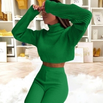 High-neck long-sleeved high-waist solid color wool pants two-piece set BLH616