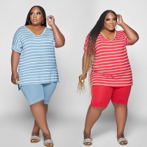 Large size women's new top small slit cotton fashion striped two-piece set PH13282
