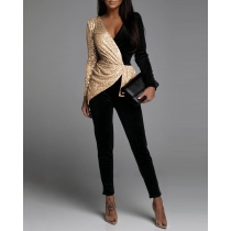 Black Gold Double Short Skirt Solid Color Temperament Commuter High Waist Fashion Sequin Dress SH20220212322