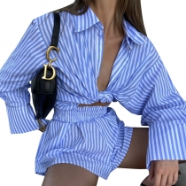 Fashion Striped Shirt Tunic Shorts Street Casual Sets X21ST124