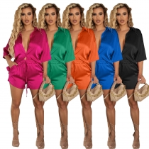 Women's Solid Color Single Breasted Shirt Short Sleeve Shorts Loose Casual Two Piece Set MN8517